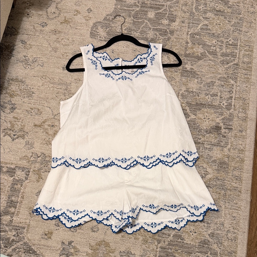 Maeve White Sleeveless Embroidered Camisole with Blue Trim